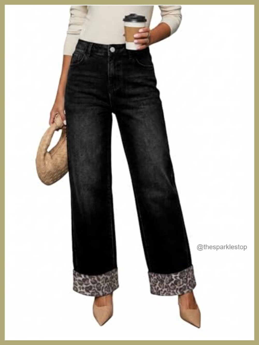 Wide Leg Leopard High Waisted Stretch Denim Jeans Pants